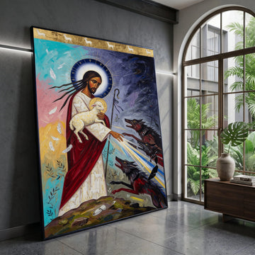 The Good Shepherd Protecting Lamb Canvas, Spiritual Religious Wall Art, Christian Faith Painting, Divine Light and Wolves Canvas Print Art