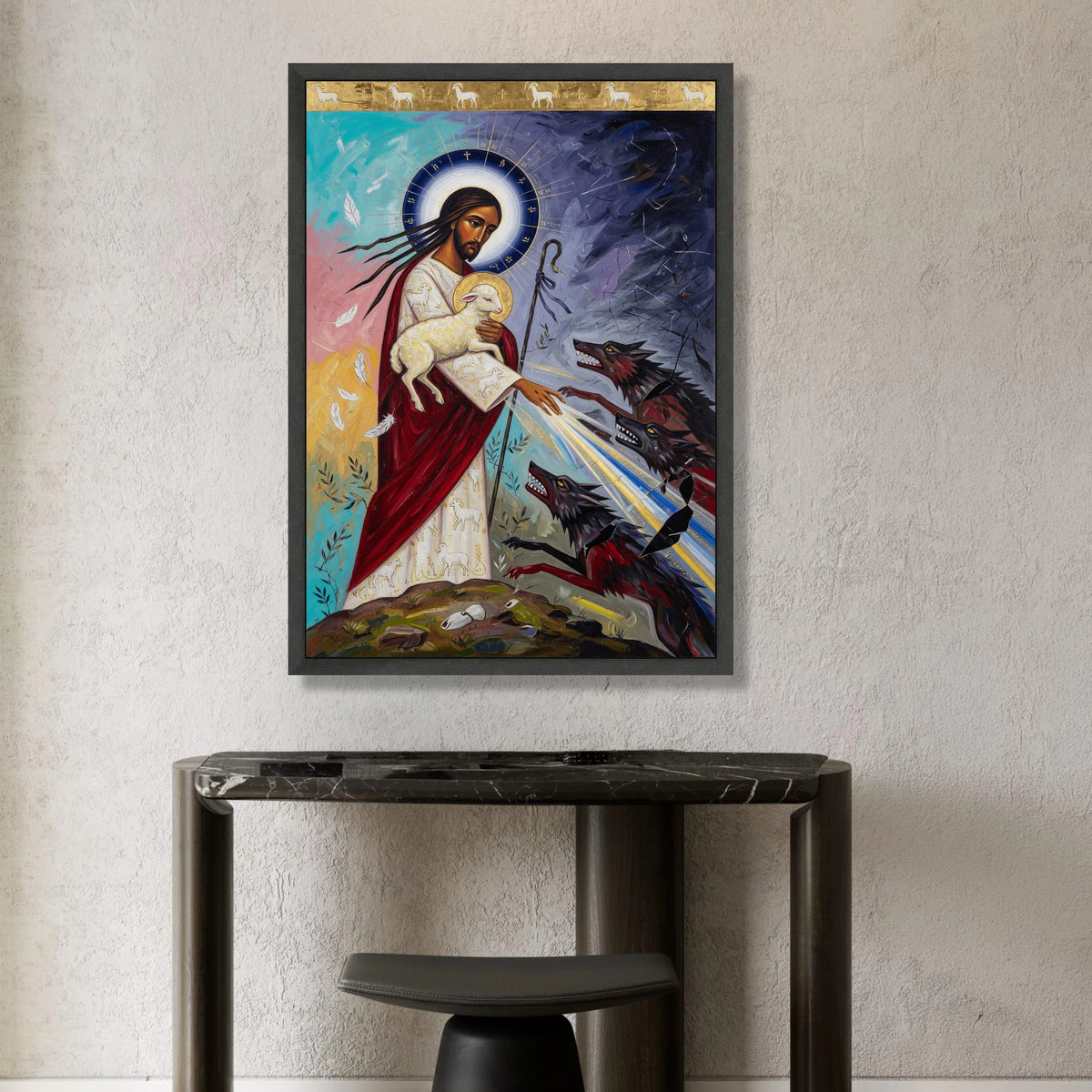 The Good Shepherd Protecting Lamb Canvas, Spiritual Religious Wall Art, Christian Faith Painting, Divine Light and Wolves Canvas Print Art