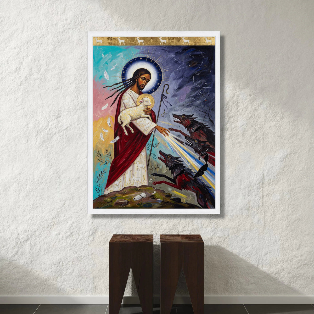 The Good Shepherd Protecting Lamb Canvas, Spiritual Religious Wall Art, Christian Faith Painting, Divine Light and Wolves Canvas Print Art