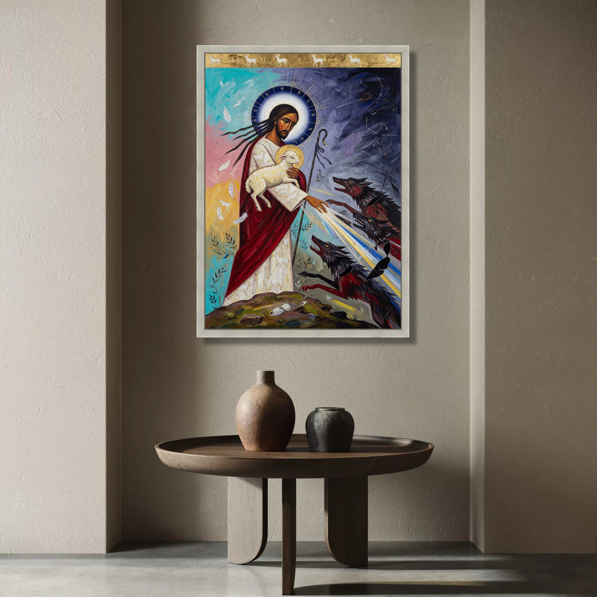 The Good Shepherd Protecting Lamb Canvas, Spiritual Religious Wall Art, Christian Faith Painting, Divine Light and Wolves Canvas Print Art