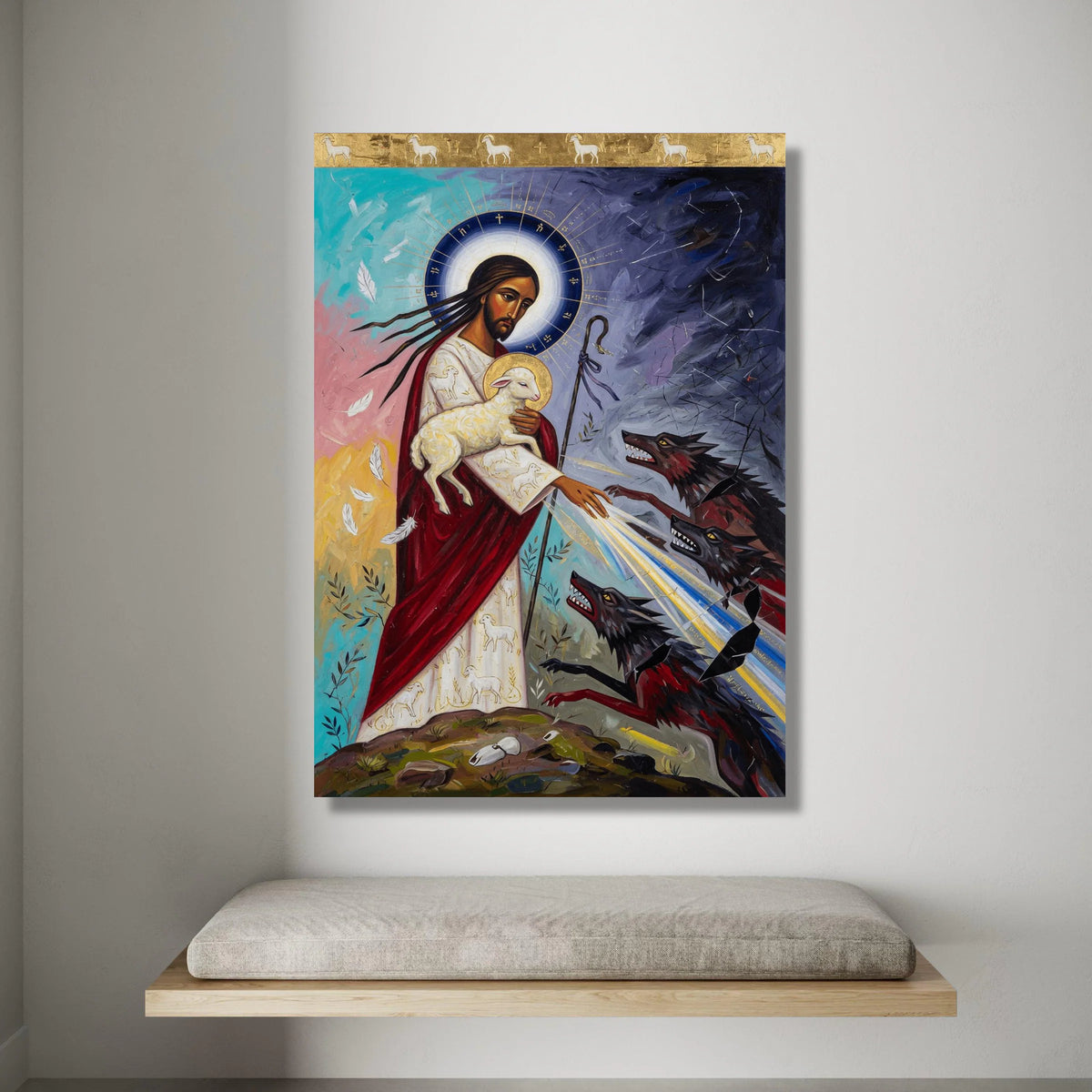 The Good Shepherd Protecting Lamb Canvas, Spiritual Religious Wall Art, Christian Faith Painting, Divine Light and Wolves Canvas Print Art