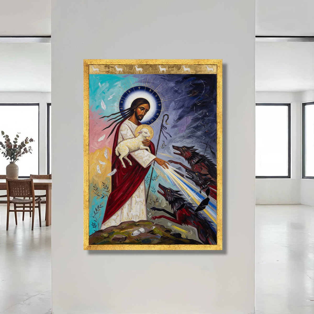 The Good Shepherd Protecting Lamb Canvas, Spiritual Religious Wall Art, Christian Faith Painting, Divine Light and Wolves Canvas Print Art