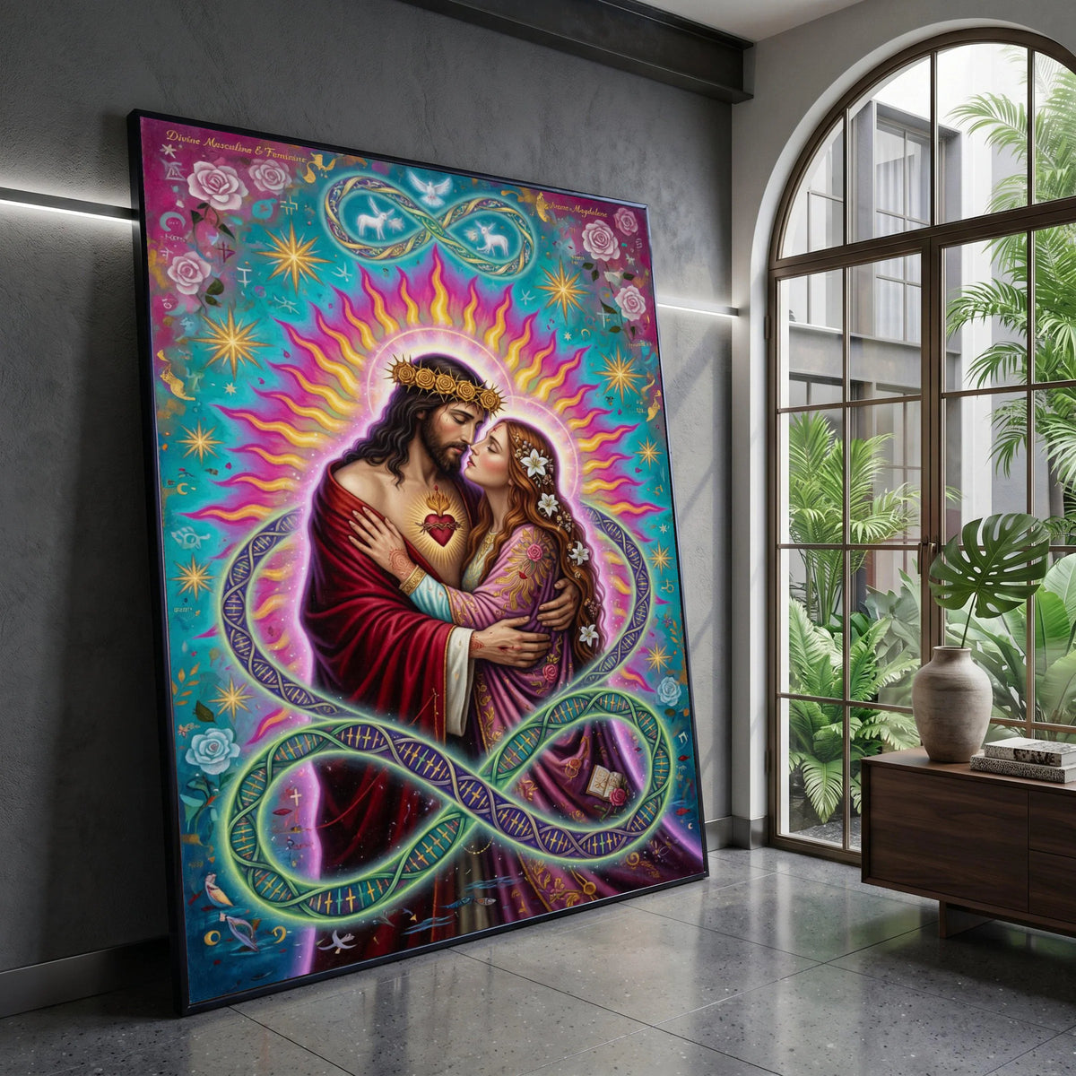 Sacred Heart Embrace Canvas, Divine Couple Wall Art, Spiritual Romance Painting, Jesus and Mary Magdalene Canvas, Vibrant Canvas Print Art