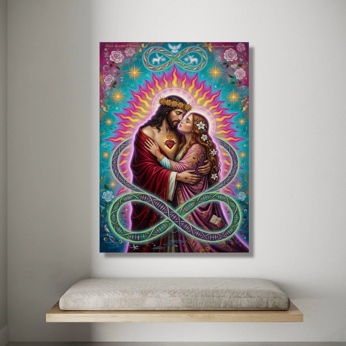 Sacred Heart Embrace Canvas, Divine Couple Wall Art, Spiritual Romance Painting, Jesus and Mary Magdalene Canvas, Vibrant Canvas Print Art