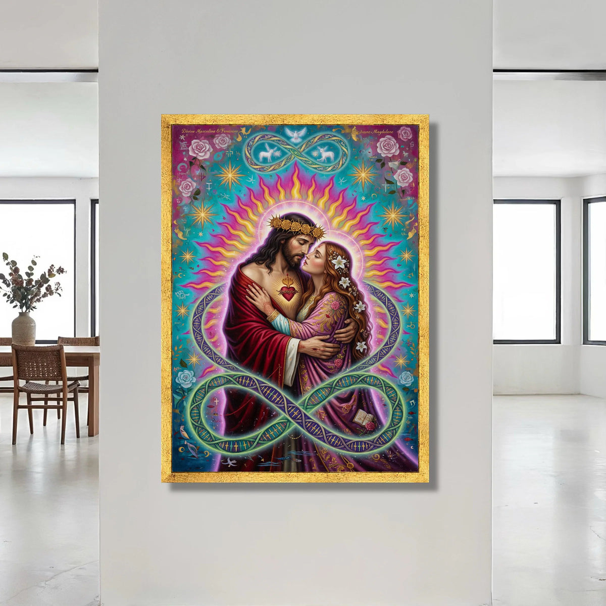 Sacred Heart Embrace Canvas, Divine Couple Wall Art, Spiritual Romance Painting, Jesus and Mary Magdalene Canvas, Vibrant Canvas Print Art