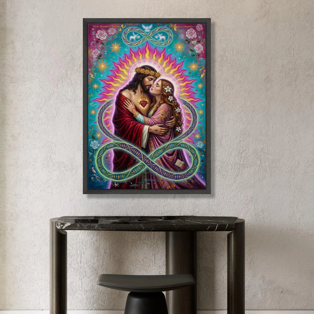 Sacred Heart Embrace Canvas, Divine Couple Wall Art, Spiritual Romance Painting, Jesus and Mary Magdalene Canvas, Vibrant Canvas Print Art