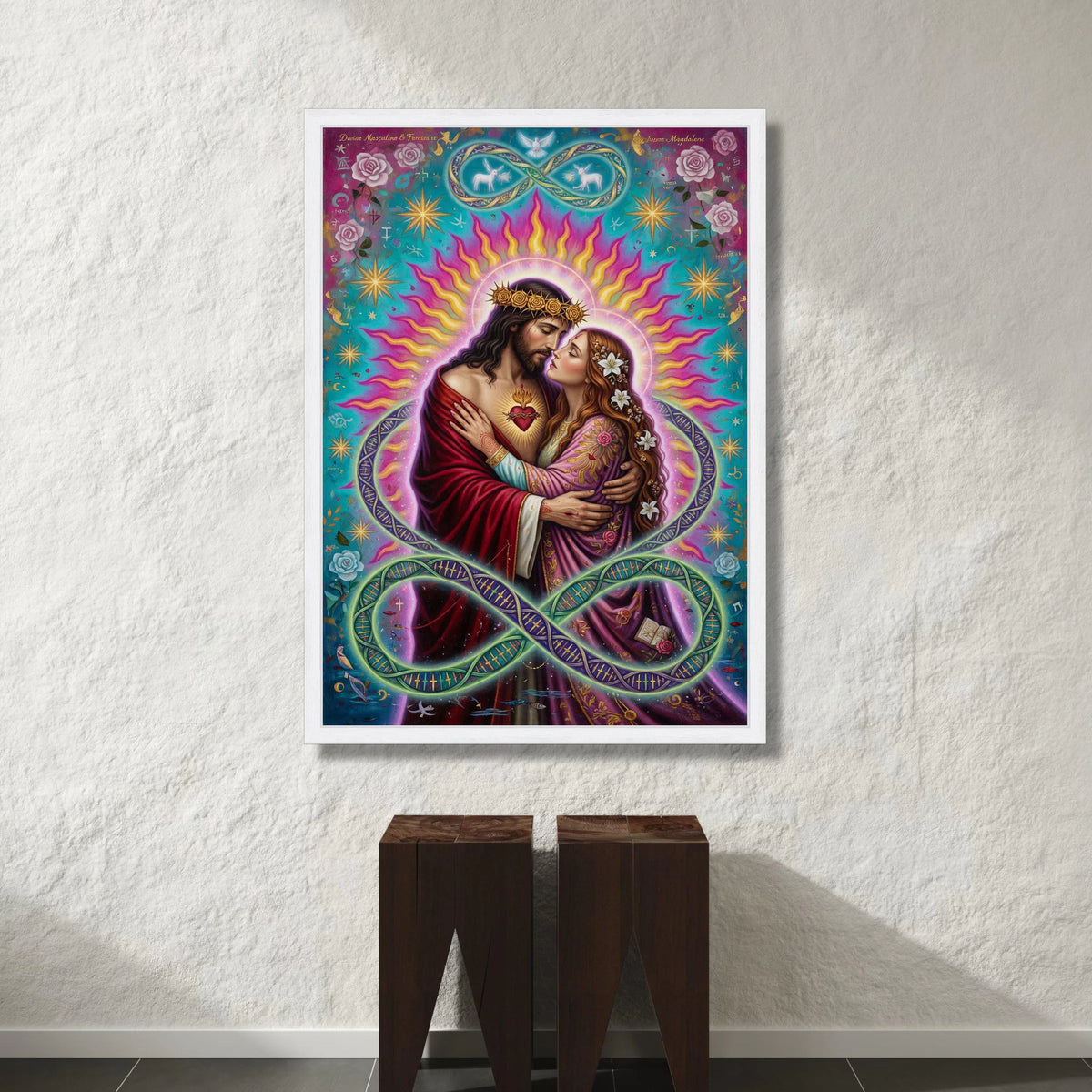 Sacred Heart Embrace Canvas, Divine Couple Wall Art, Spiritual Romance Painting, Jesus and Mary Magdalene Canvas, Vibrant Canvas Print Art