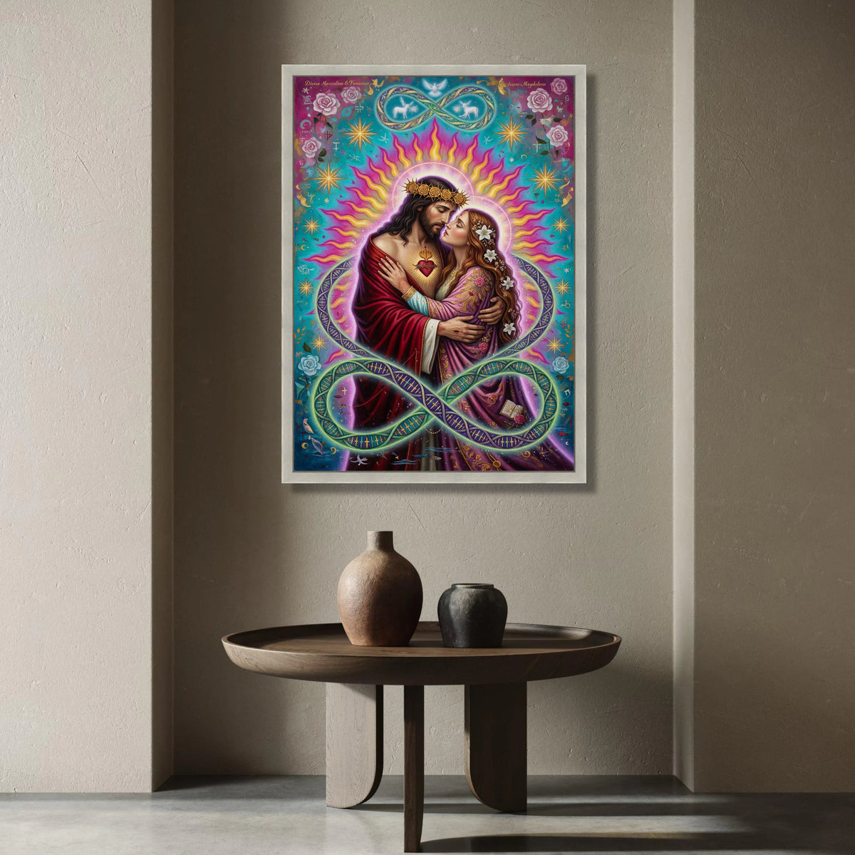 Sacred Heart Embrace Canvas, Divine Couple Wall Art, Spiritual Romance Painting, Jesus and Mary Magdalene Canvas, Vibrant Canvas Print Art