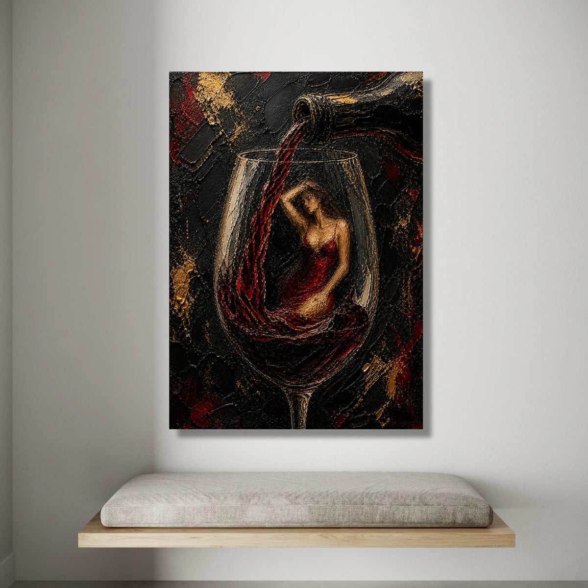 Elegant Woman Wine Glass Canvas, Red Dress Art, Wine Pour Painting, Surreal Wall Art, Contemporary Home Decor Canvas Print Art