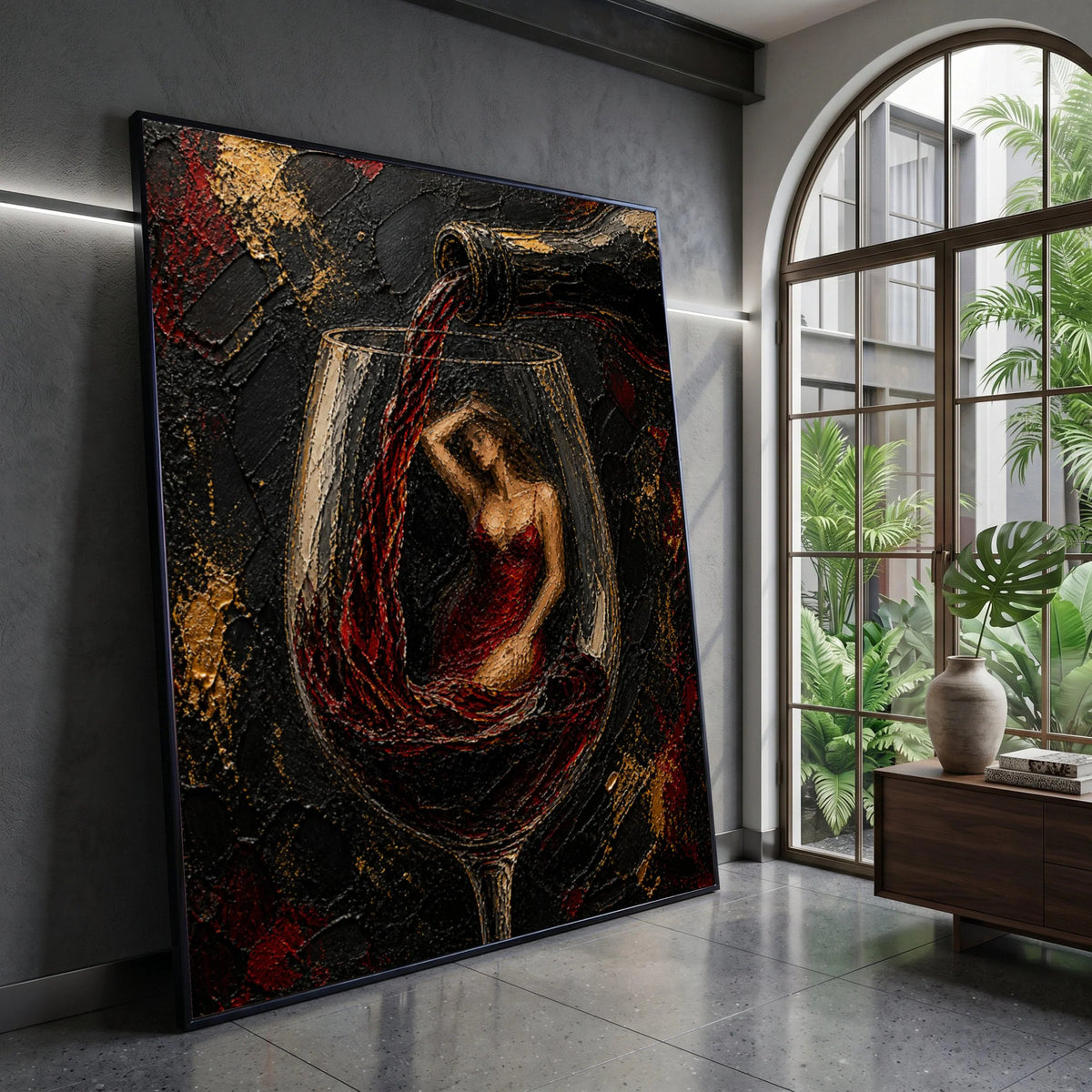 Elegant Woman Wine Glass Canvas, Red Dress Art, Wine Pour Painting, Surreal Wall Art, Contemporary Home Decor Canvas Print Art