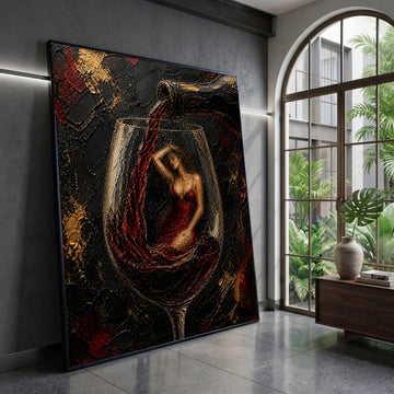 Elegant Woman Wine Glass Canvas, Red Dress Art, Wine Pour Painting, Surreal Wall Art, Contemporary Home Decor Canvas Print Art