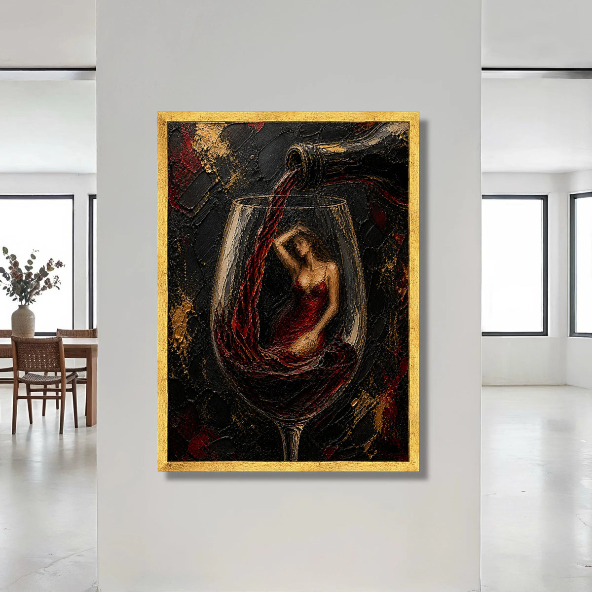 Elegant Woman Wine Glass Canvas, Red Dress Art, Wine Pour Painting, Surreal Wall Art, Contemporary Home Decor Canvas Print Art