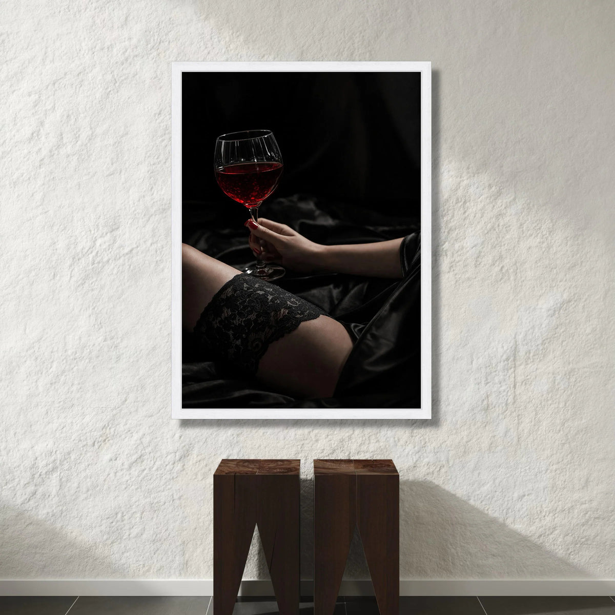 Elegant Woman Holding Red Wine Glass, Black Lace Stocking Canvas, Sensual Home Decor, Intimate Wall Art, Moody Dark Canvas Print Art