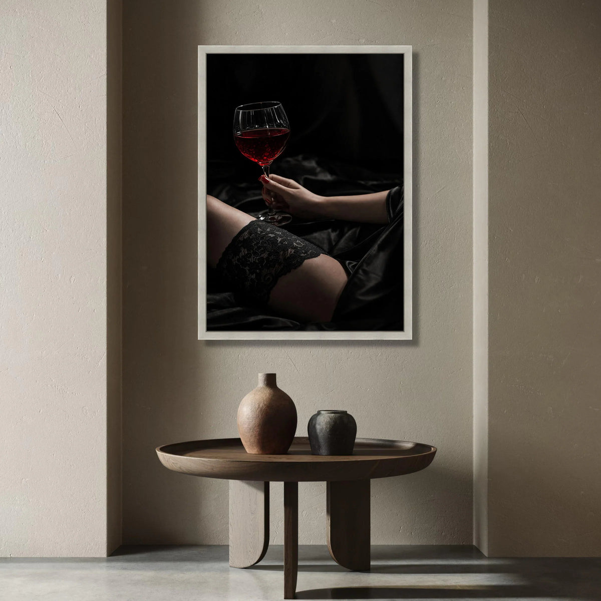 Elegant Woman Holding Red Wine Glass, Black Lace Stocking Canvas, Sensual Home Decor, Intimate Wall Art, Moody Dark Canvas Print Art