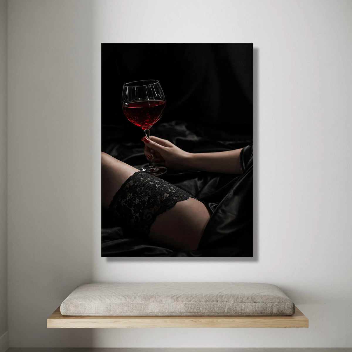 Elegant Woman Holding Red Wine Glass, Black Lace Stocking Canvas, Sensual Home Decor, Intimate Wall Art, Moody Dark Canvas Print Art
