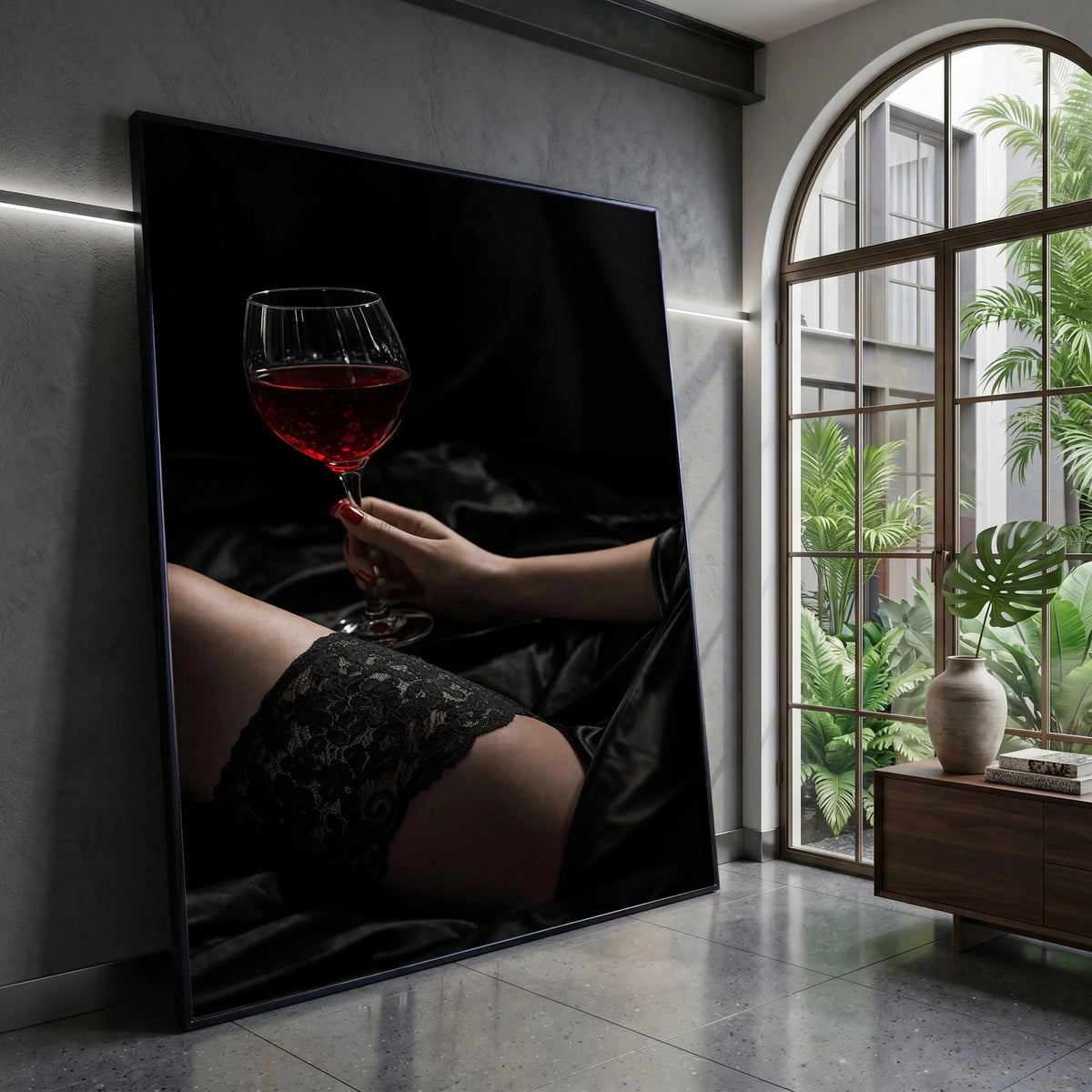 Elegant Woman Holding Red Wine Glass, Black Lace Stocking Canvas, Sensual Home Decor, Intimate Wall Art, Moody Dark Canvas Print Art