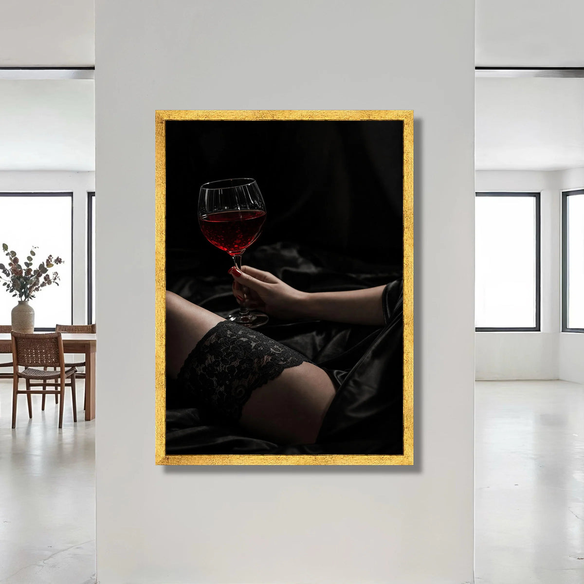 Elegant Woman Holding Red Wine Glass, Black Lace Stocking Canvas, Sensual Home Decor, Intimate Wall Art, Moody Dark Canvas Print Art