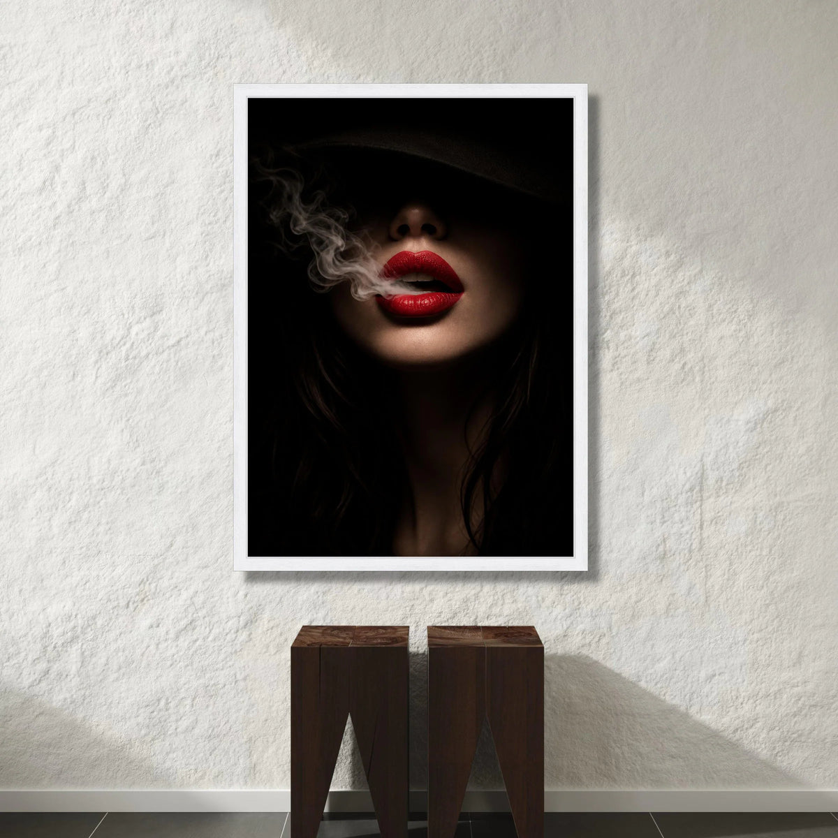 Mysterious Woman with Red Lips Smoking Canvas, Dark Portrait Wall Art, Sensual Home Decoration, Dramatic Lighting Canvas Canvas Print Art