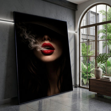 Mysterious Woman with Red Lips Smoking Canvas, Dark Portrait Wall Art, Sensual Home Decoration, Dramatic Lighting Canvas Canvas Print Art