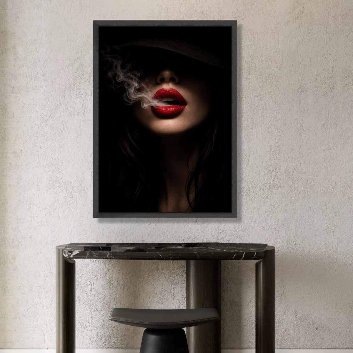 Mysterious Woman with Red Lips Smoking Canvas, Dark Portrait Wall Art, Sensual Home Decoration, Dramatic Lighting Canvas Canvas Print Art