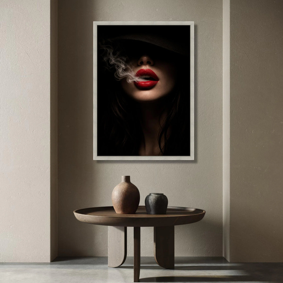 Mysterious Woman with Red Lips Smoking Canvas, Dark Portrait Wall Art, Sensual Home Decoration, Dramatic Lighting Canvas Canvas Print Art