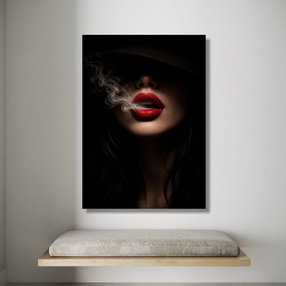 Mysterious Woman with Red Lips Smoking Canvas, Dark Portrait Wall Art, Sensual Home Decoration, Dramatic Lighting Canvas Canvas Print Art