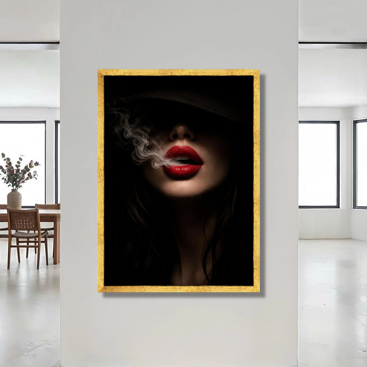 Mysterious Woman with Red Lips Smoking Canvas, Dark Portrait Wall Art, Sensual Home Decoration, Dramatic Lighting Canvas Canvas Print Art