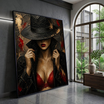 Mysterious Woman Black Hat, Red Lace Bra Canvas, Noir Style Portrait, Fashion Wall Art, Chic Home Decoration Canvas Print Art