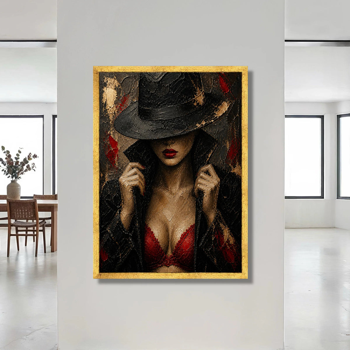 Mysterious Woman Black Hat, Red Lace Bra Canvas, Noir Style Portrait, Fashion Wall Art, Chic Home Decoration Canvas Print Art