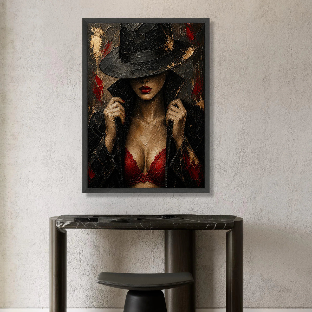 Mysterious Woman Black Hat, Red Lace Bra Canvas, Noir Style Portrait, Fashion Wall Art, Chic Home Decoration Canvas Print Art