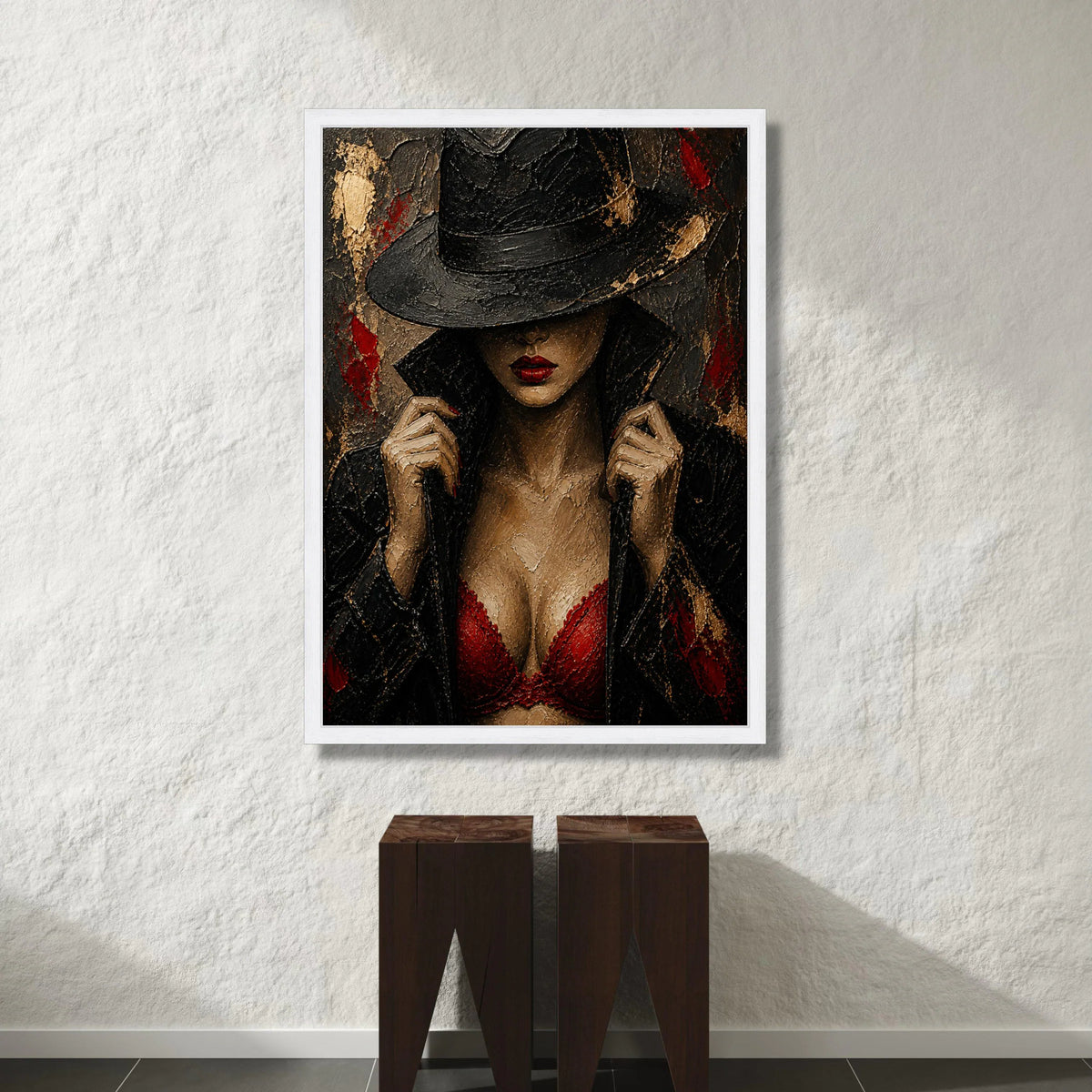 Mysterious Woman Black Hat, Red Lace Bra Canvas, Noir Style Portrait, Fashion Wall Art, Chic Home Decoration Canvas Print Art
