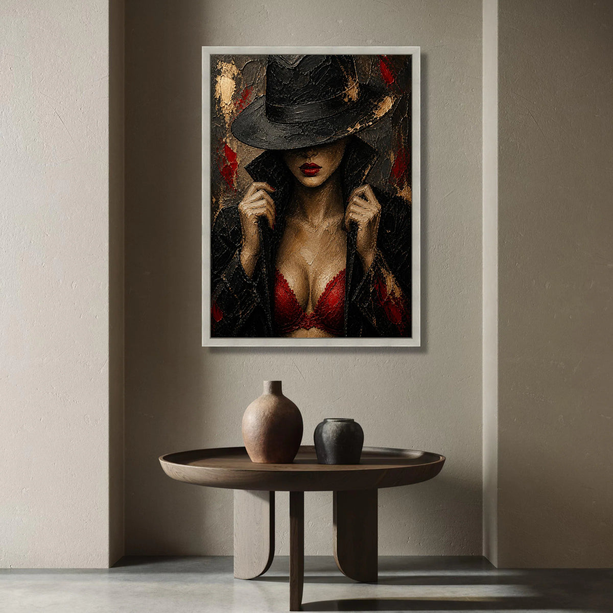 Mysterious Woman Black Hat, Red Lace Bra Canvas, Noir Style Portrait, Fashion Wall Art, Chic Home Decoration Canvas Print Art