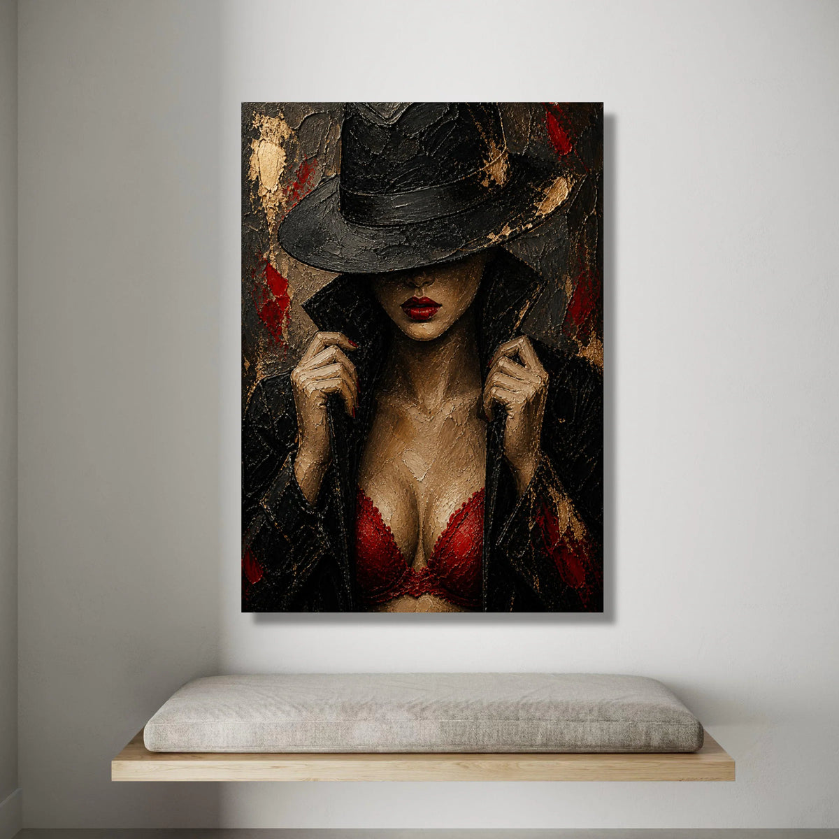 Mysterious Woman Black Hat, Red Lace Bra Canvas, Noir Style Portrait, Fashion Wall Art, Chic Home Decoration Canvas Print Art