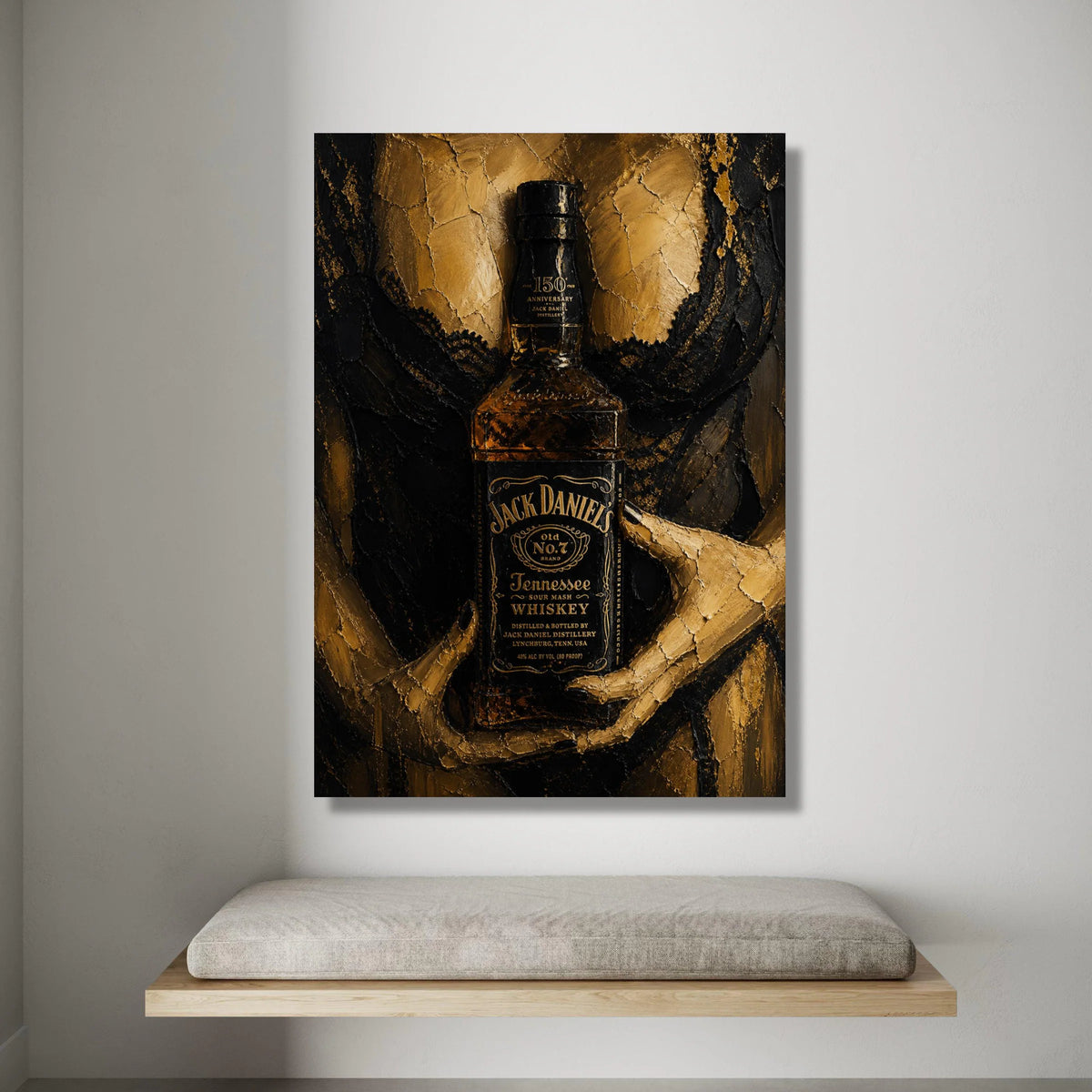 Jack Daniel's Whiskey Bottle Canvas, Elegant Black and Gold Wall Art, Modern Bar Decor, Alcohol Themed Canvas, Contemporary Canvas Print Art