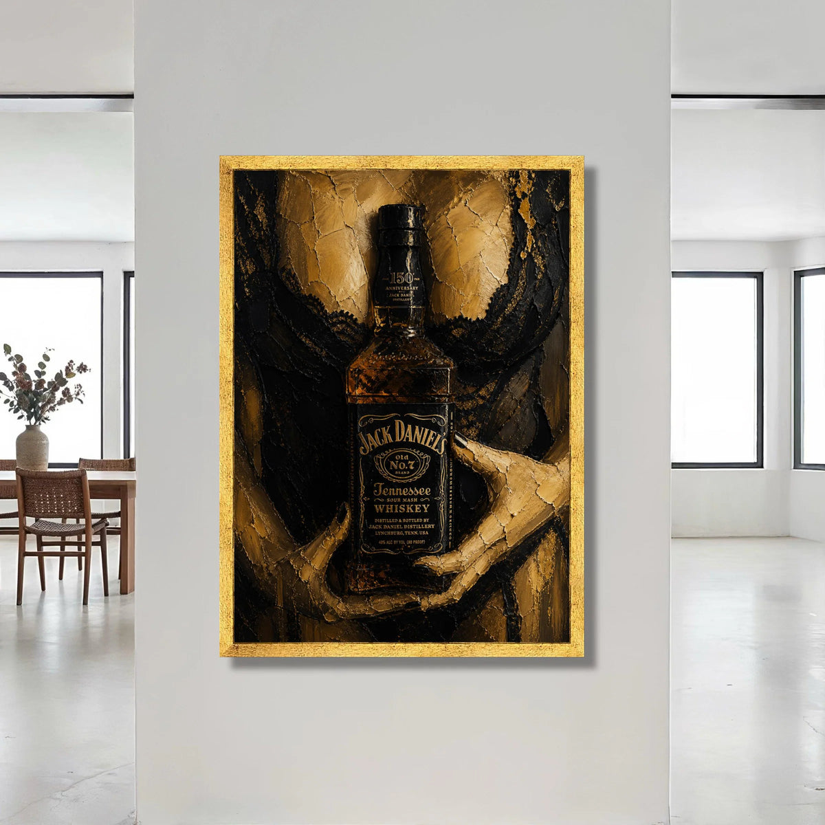 Jack Daniel's Whiskey Bottle Canvas, Elegant Black and Gold Wall Art, Modern Bar Decor, Alcohol Themed Canvas, Contemporary Canvas Print Art