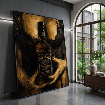 Jack Daniel's Whiskey Bottle Canvas, Elegant Black and Gold Wall Art, Modern Bar Decor, Alcohol Themed Canvas, Contemporary Canvas Print Art
