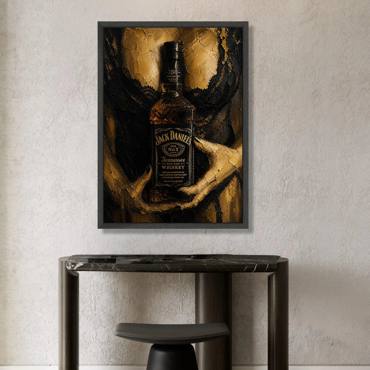 Jack Daniel's Whiskey Bottle Canvas, Elegant Black and Gold Wall Art, Modern Bar Decor, Alcohol Themed Canvas, Contemporary Canvas Print Art