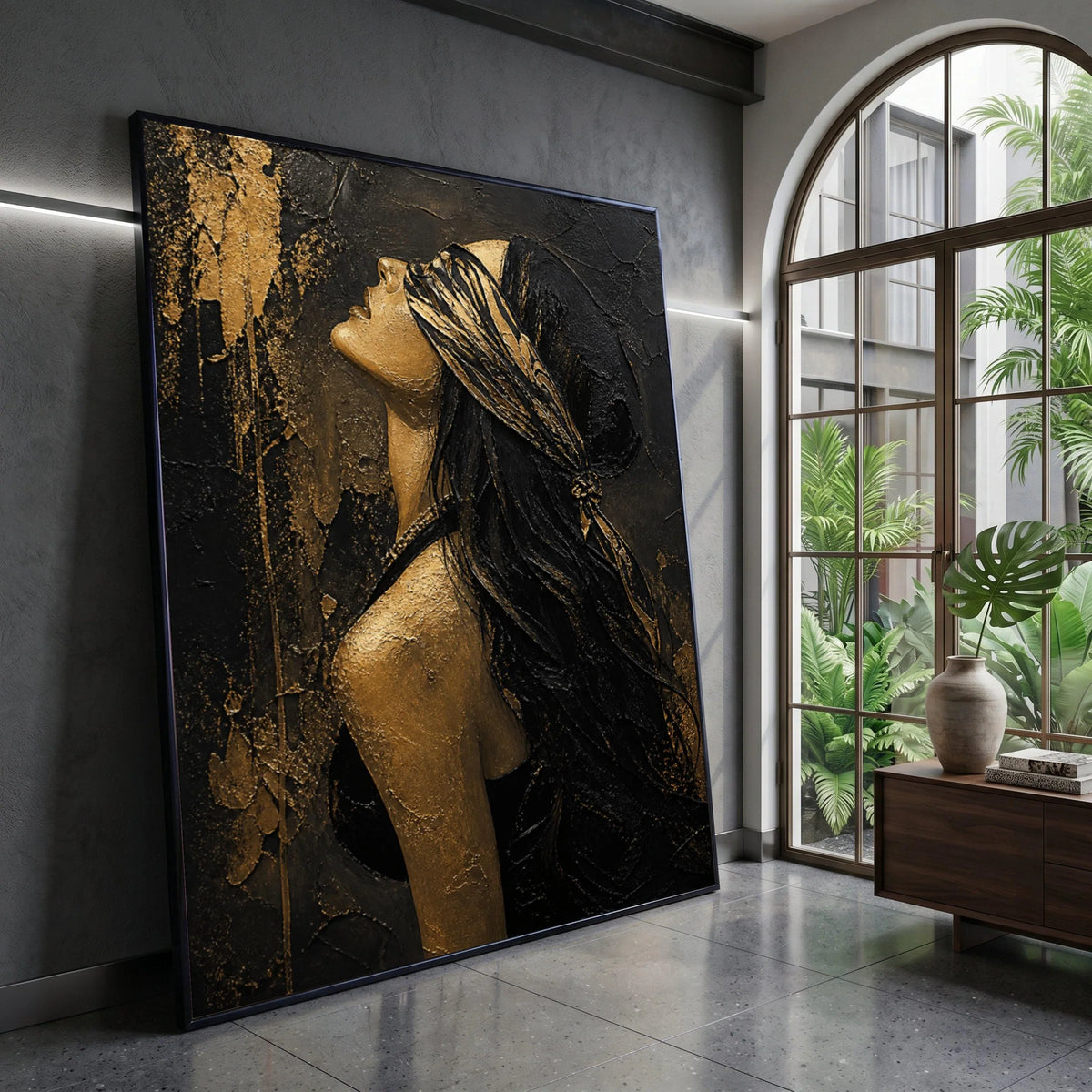 Elegant Woman Profile Canvas, Black and Gold Portrait Wall Art, Abstract Female Silhouette, Modern Home Decor Canvas, Canvas Print Art