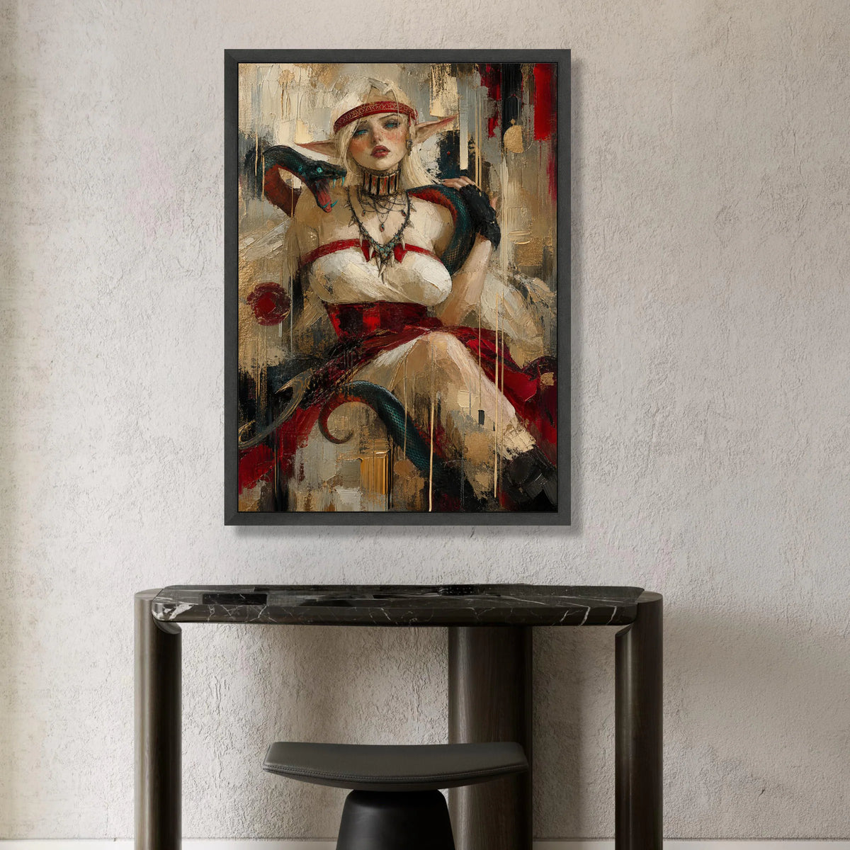 Fantasy Elf Warrior Woman, Serpent Companion, Mythical Creature Canvas, Powerful Female Portrait, Bold Red and Neutral Wall Canvas Print Art