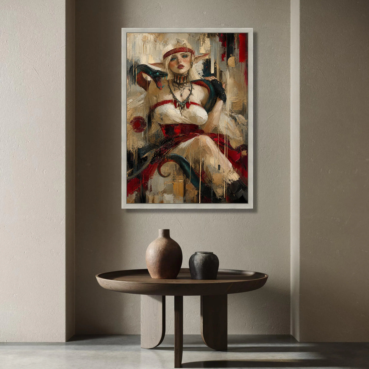 Fantasy Elf Warrior Woman, Serpent Companion, Mythical Creature Canvas, Powerful Female Portrait, Bold Red and Neutral Wall Canvas Print Art