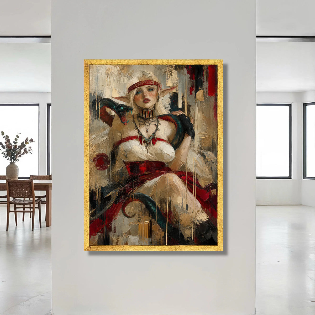 Fantasy Elf Warrior Woman, Serpent Companion, Mythical Creature Canvas, Powerful Female Portrait, Bold Red and Neutral Wall Canvas Print Art