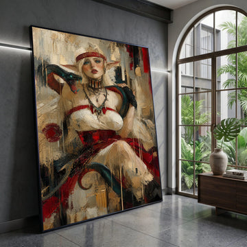 Fantasy Elf Warrior Woman, Serpent Companion, Mythical Creature Canvas, Powerful Female Portrait, Bold Red and Neutral Wall Canvas Print Art