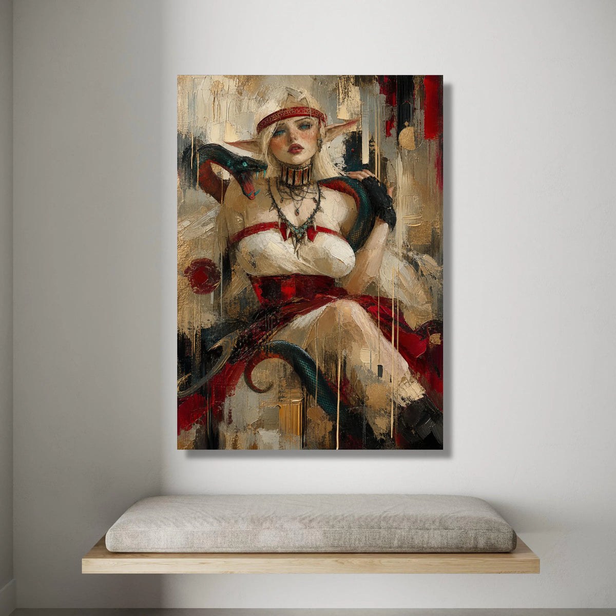 Fantasy Elf Warrior Woman, Serpent Companion, Mythical Creature Canvas, Powerful Female Portrait, Bold Red and Neutral Wall Canvas Print Art