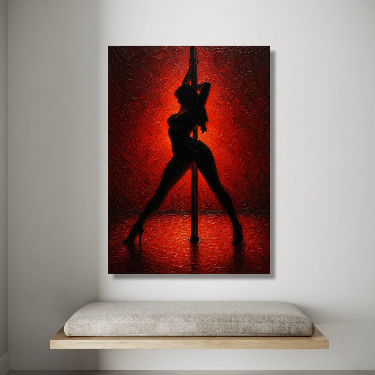 Silhouette Dance Pose Canvas, Sensual Pole Art, Bold Red Background, Modern Woman Figure Wall Art, Home Decor Statement Canvas Print Art