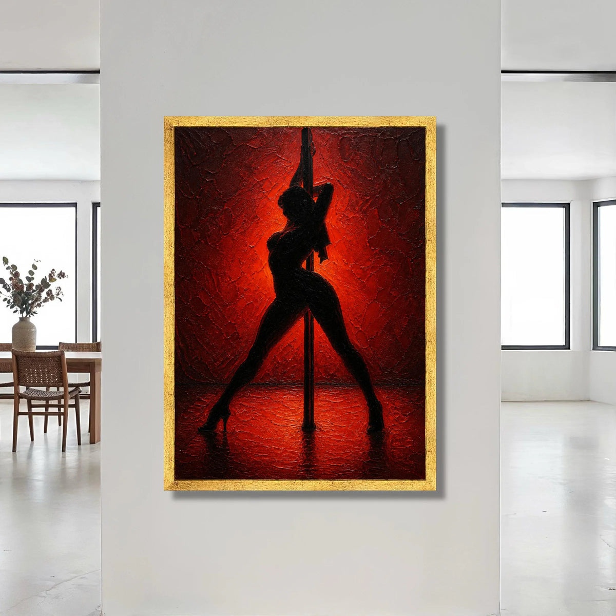 Silhouette Dance Pose Canvas, Sensual Pole Art, Bold Red Background, Modern Woman Figure Wall Art, Home Decor Statement Canvas Print Art