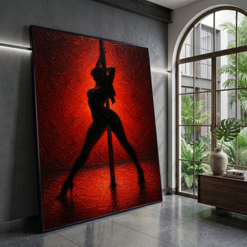 Silhouette Dance Pose Canvas, Sensual Pole Art, Bold Red Background, Modern Woman Figure Wall Art, Home Decor Statement Canvas Print Art