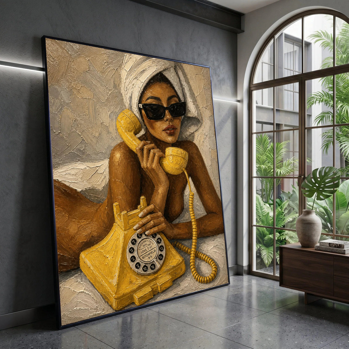 Retro Phone Call Canvas Wall Art, Woman with Sunglasses and Towel, Vintage Yellow Telephone Painting, Modern Glamour Home Canvas Print Art