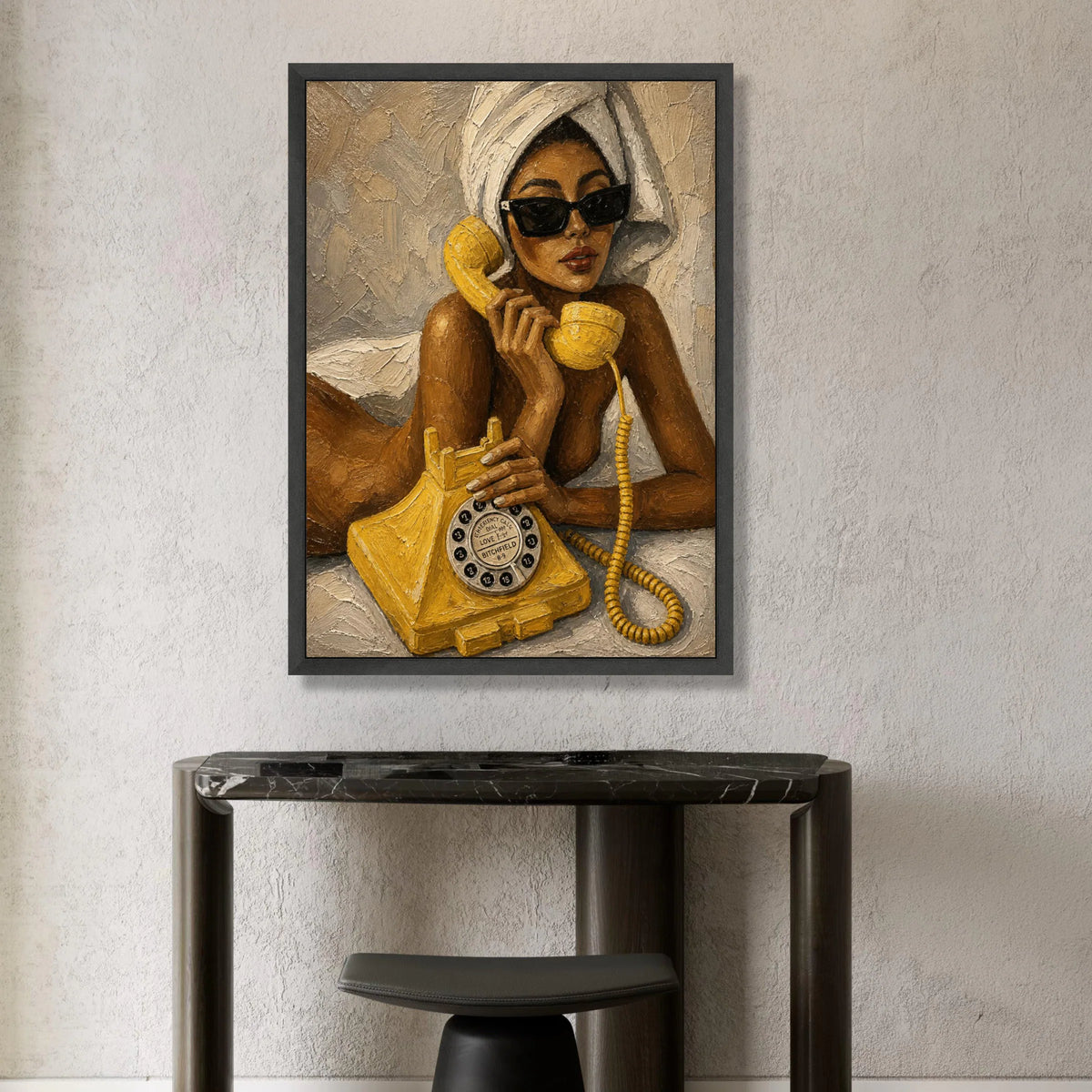 Retro Phone Call Canvas Wall Art, Woman with Sunglasses and Towel, Vintage Yellow Telephone Painting, Modern Glamour Home Canvas Print Art