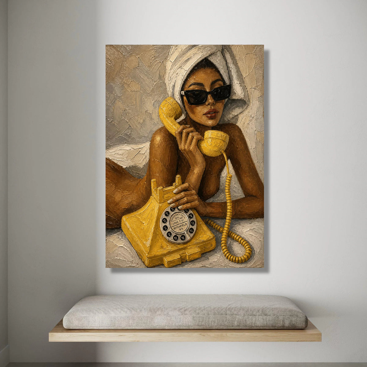 Retro Phone Call Canvas Wall Art, Woman with Sunglasses and Towel, Vintage Yellow Telephone Painting, Modern Glamour Home Canvas Print Art