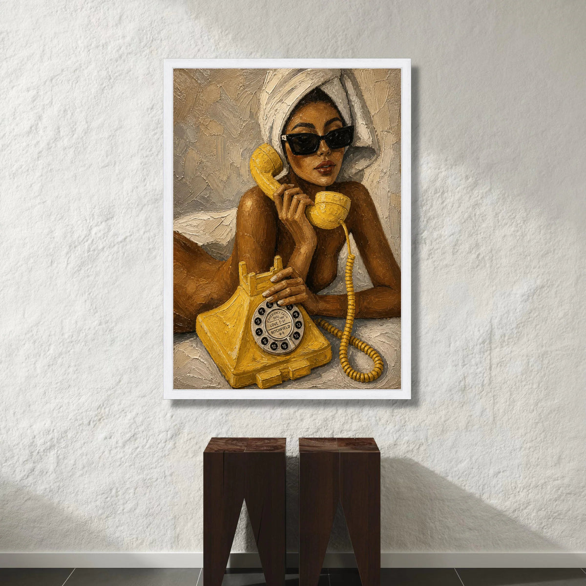 Retro Phone Call Canvas Wall Art, Woman with Sunglasses and Towel, Vintage Yellow Telephone Painting, Modern Glamour Home Canvas Print Art